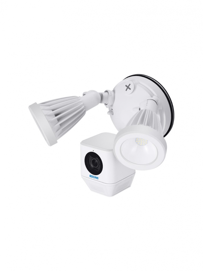 Escam QF608 floodlight med indbygget kamera med nattelys (IR), bevægelses sensor, sirene m.m. Fås i hvid og sort.