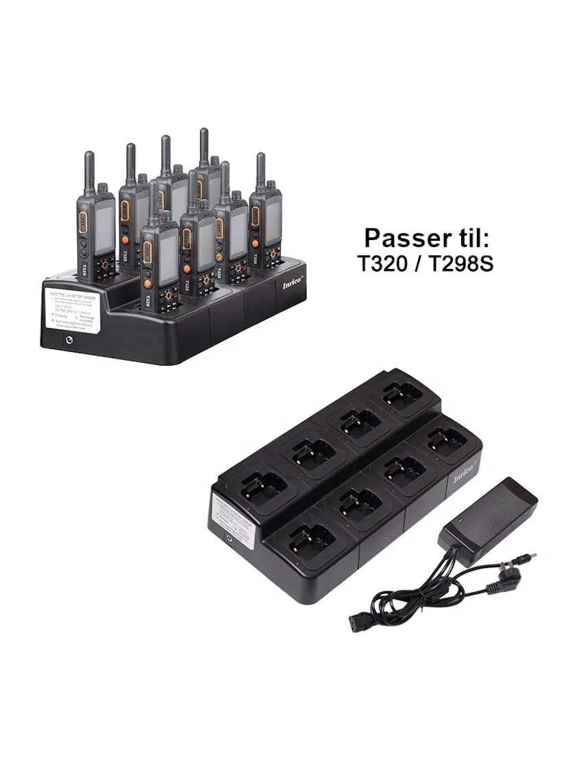 Denne multilader kan indeholde og oplade 8 stk. Inrico radioer af typen T-298S og T-320.