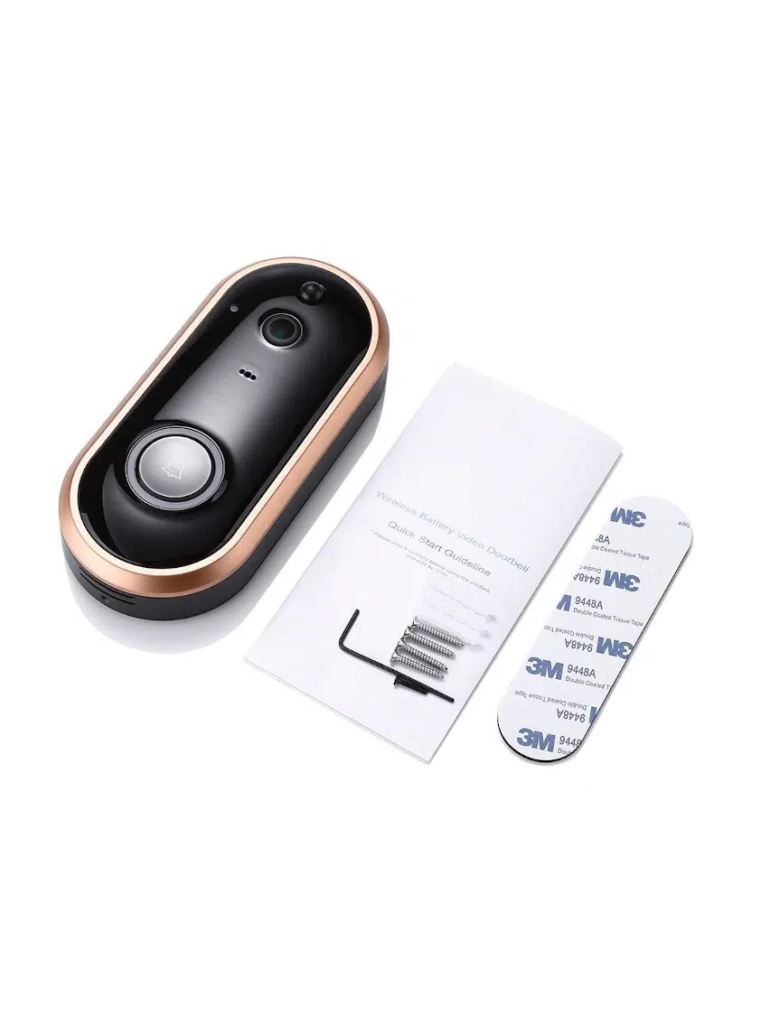 Et billede af en trådløs video dørklokke med tilbehør