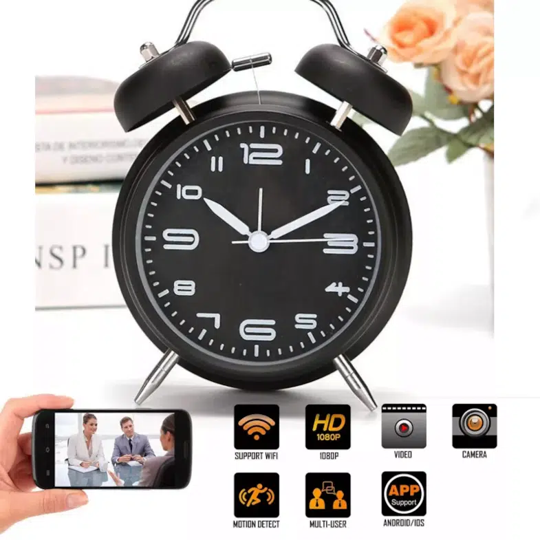 Round black alarm clock with hidden camera, WiFi, App and more. - Image 3