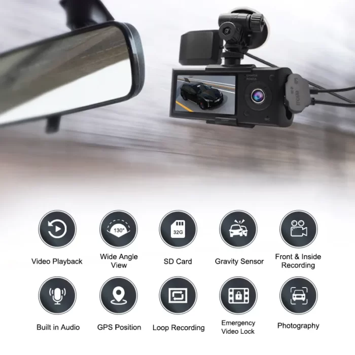 Super Mini størrelse, dobbelt 720P HD kamera, frontkameraet kan vendes op og ned, så der kan laves video med mange detaljer. Det indbyggede kamera kan tydeligt fotografere scenen i bilen.